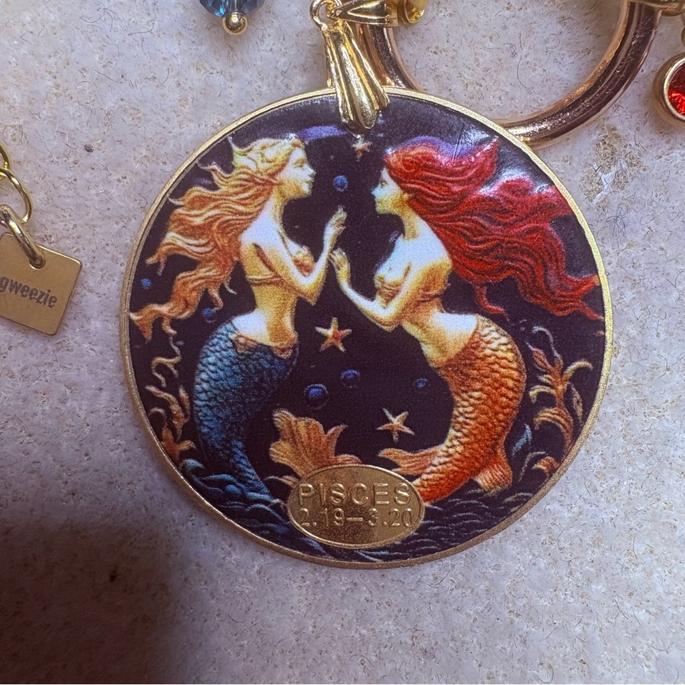 Artisan Handmade Gold Blue Pisces Mermaid Zodiac Coin Reversible Necklace Set - Picture 4 of 13